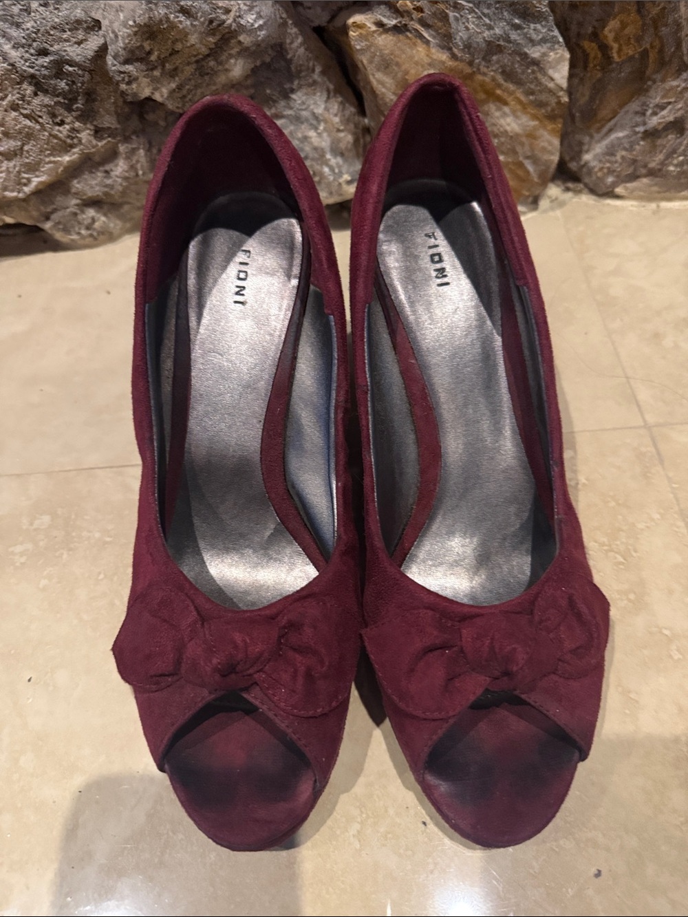 FIONI Clothing Women's Burgundy Peep-Toe Suede Heels with Bow Accent